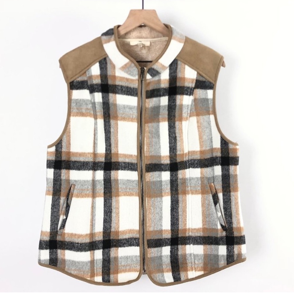 Entro Tan Plaid Faux Suede Sherpa Lining Vest  XL